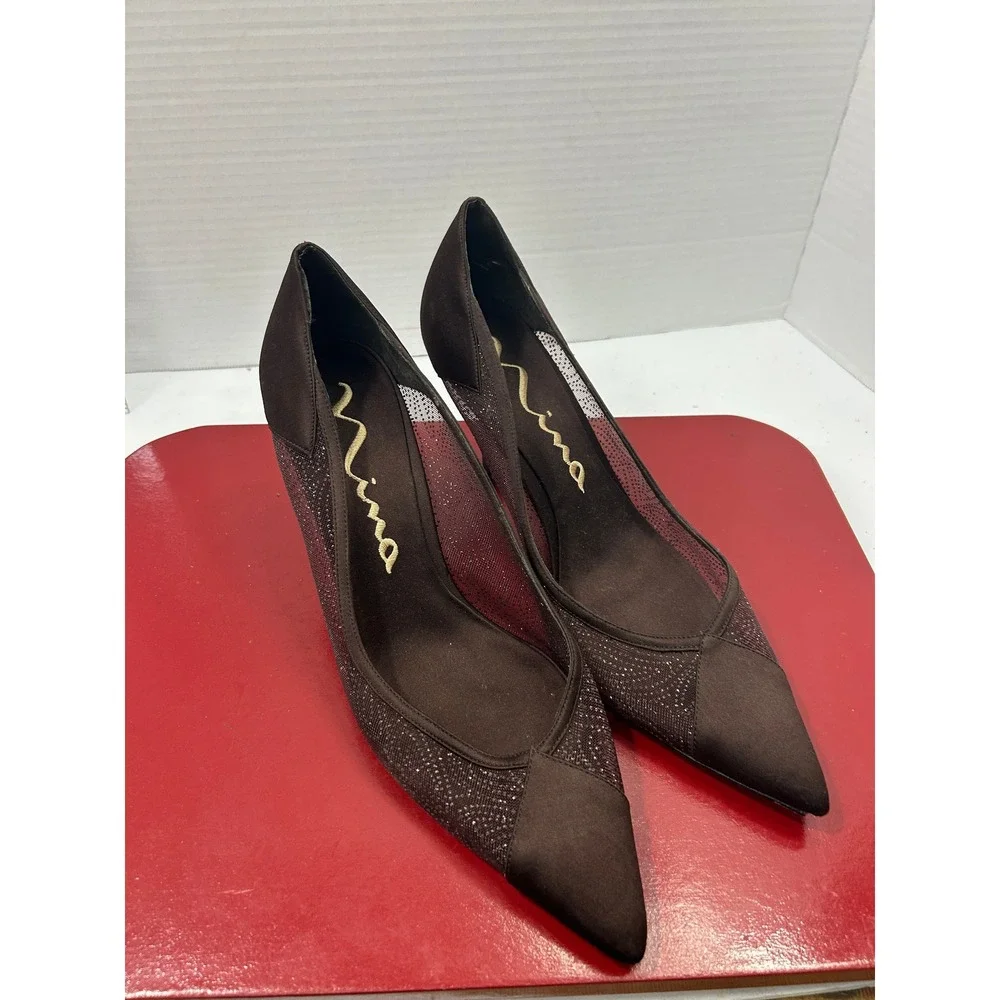 Nina Glitter Mesh Pumps 10M Brown Satin Pointed Toe Stiletto Glam Evening Chic